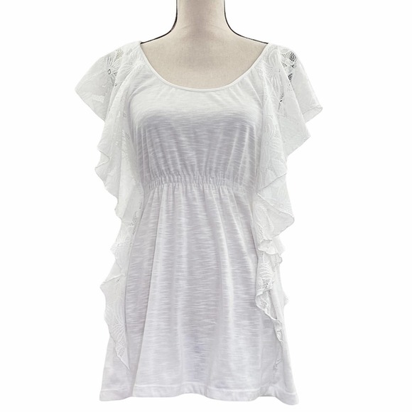 SOLID White Short Flutter Sleeve Elastic Waist Tunic Blouse - Picture 1 of 10